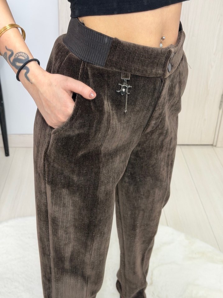 Kahverengi Kadife Kemerli Regular Fit Pantolon - Görsel 2