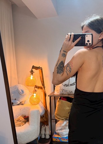 Zincir Detaylı Siyah Mini Halter Boyun Elbise - Görsel 2