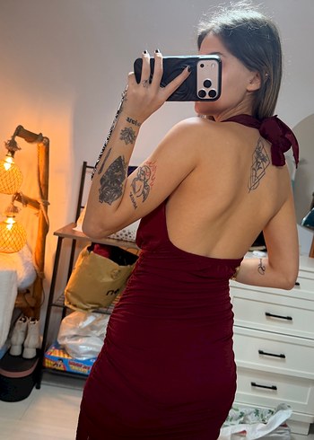 Bordo Deri Halter Yaka Midi Elbise - Görsel 2