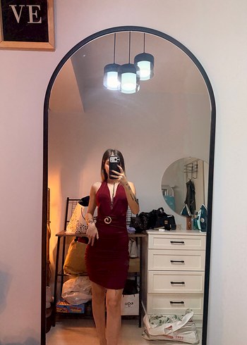 Bordo Deri Halter Yaka Midi Elbise - Görsel 3