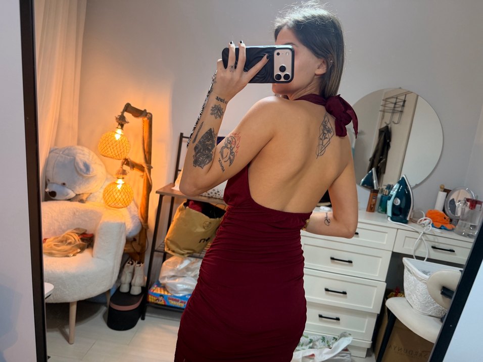 Bordo Deri Halter Yaka Midi Elbise - Görsel 2