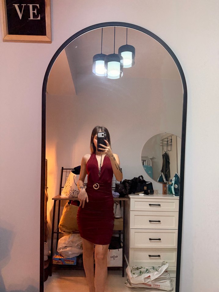 Bordo Deri Halter Yaka Midi Elbise - Görsel 3