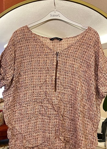 V yaka kahverengi keten bluz, kısa kollu, bol kesim - Görsel 2