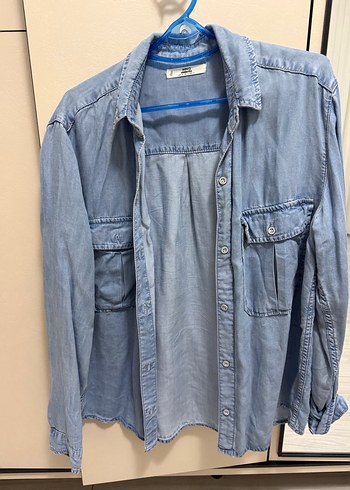 Gri Düğmeli Uzun Kollu Denim Gömlek - Görsel 4