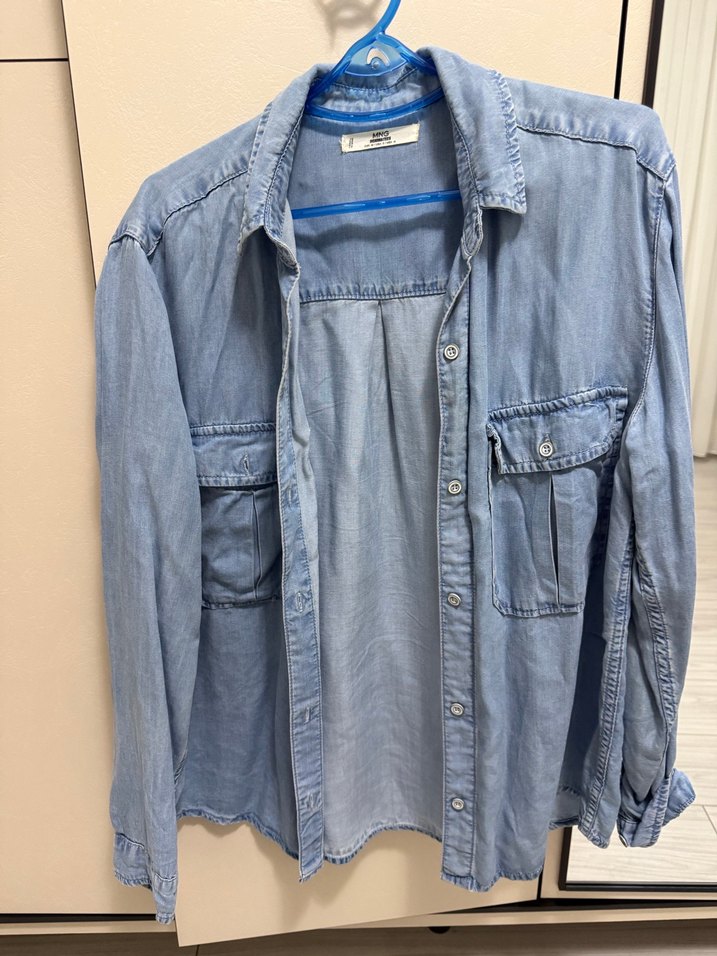 Gri Düğmeli Uzun Kollu Denim Gömlek - Görsel 4