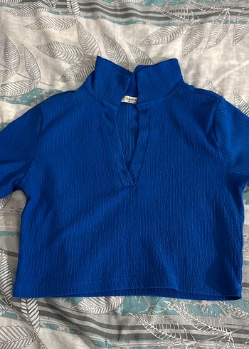 Mavi Kısa Kollu Örme Keten Crop Bluz