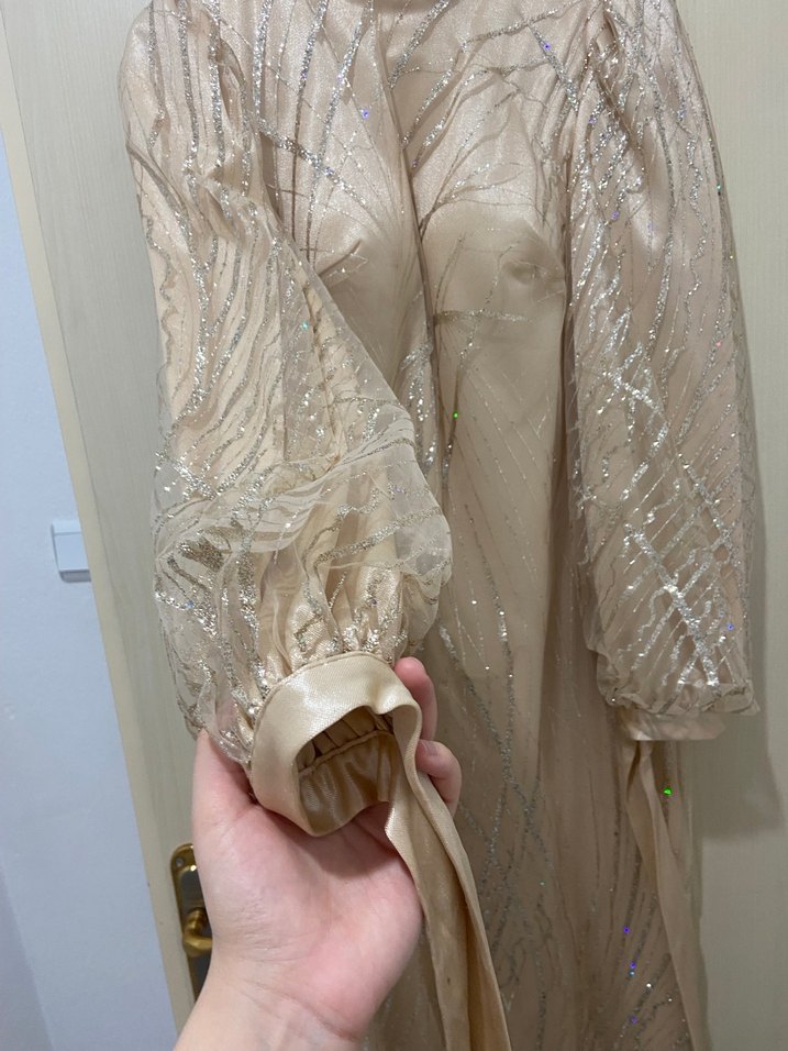 Bej İşlemeli Uzun Kollu Abiye Elbise - Görsel 3