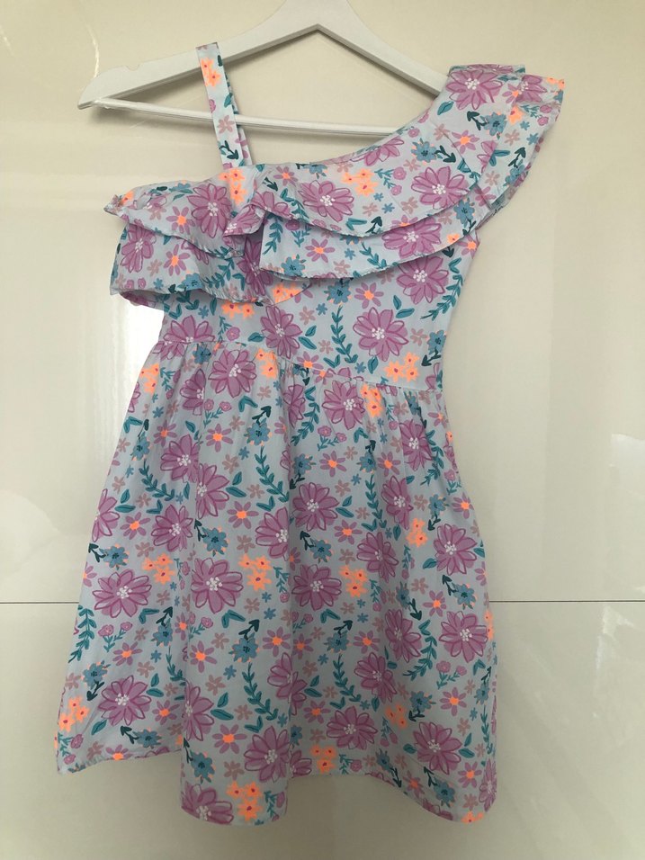 Kız Çocuk Mor Çiçekli Volanlı Elbise - Görsel 3