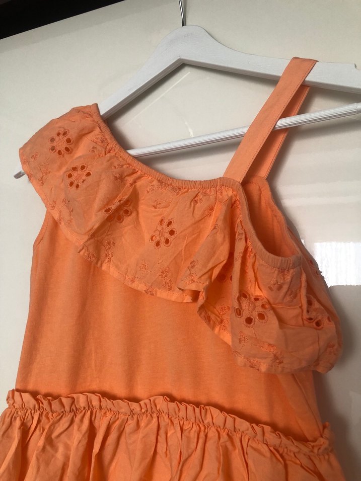 Kız Çocuk Turuncu Volanlı Keten Elbise - Görsel 2