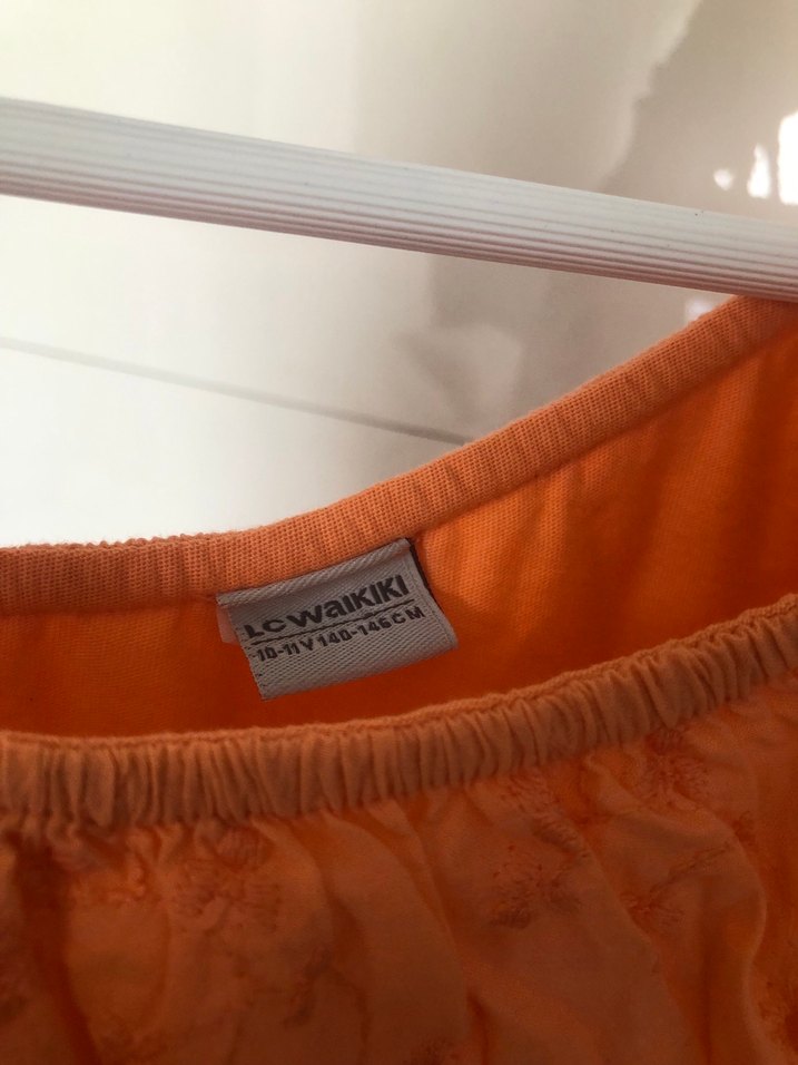 Kız Çocuk Turuncu Volanlı Keten Elbise - Görsel 4