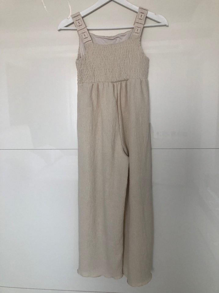 Kız Çocuk Bej Keten Salaş Elbise - Görsel 5