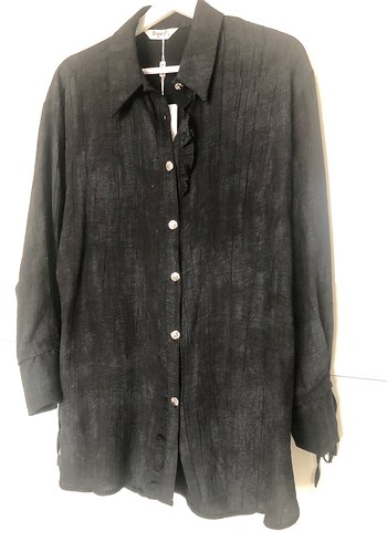 Siyah Uzun Kollu Keten Gömlek - Görsel 5