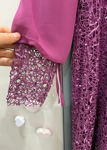 Dantel Detaylı Uzun Mor Abiye Elbise - Görsel 4