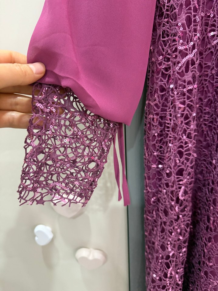 Dantel Detaylı Uzun Mor Abiye Elbise - Görsel 4