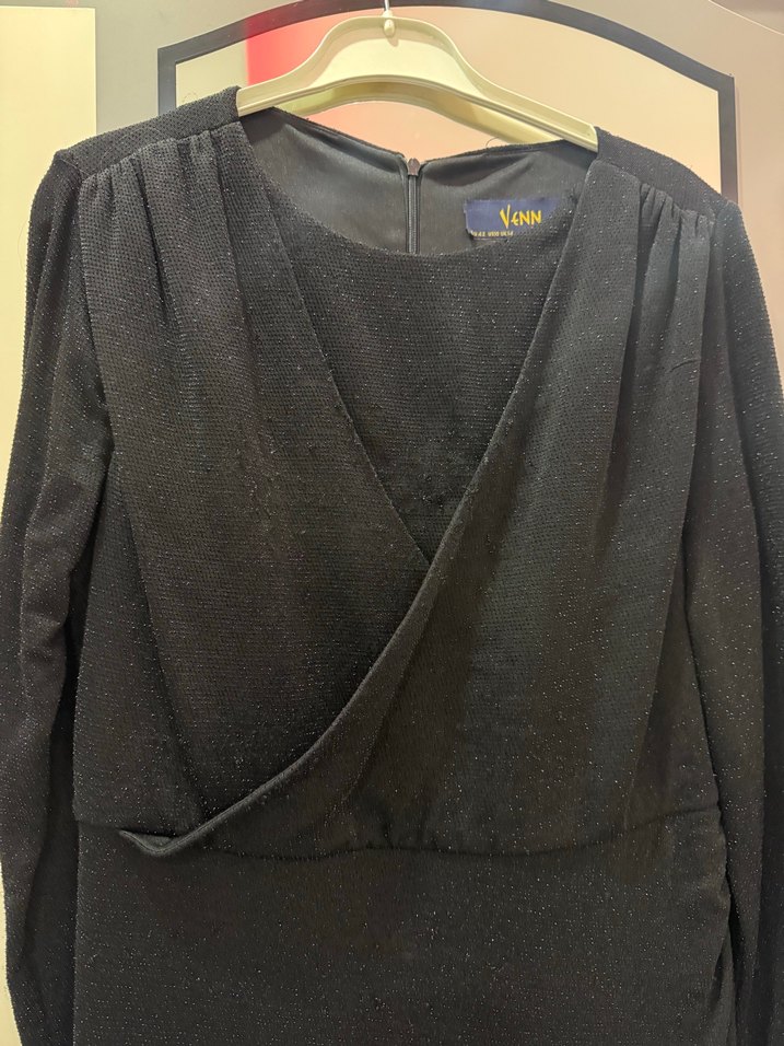 Uzun Kollu Siyah Drapeli Uzun Elbise - Görsel 2