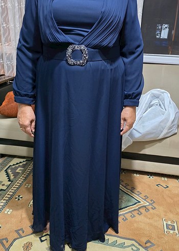 Kemer Detaylı Uzun Lacivert Kadın Elbise