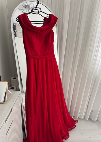 Kırmızı V Yaka Drapeli Midi Abiye Elbise - Görsel 3