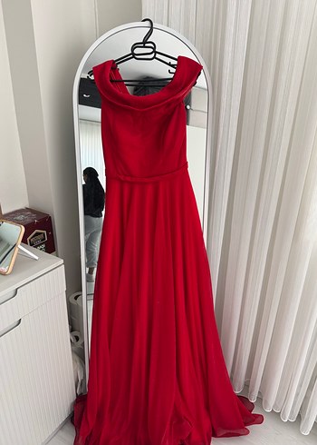 Kırmızı V Yaka Drapeli Midi Abiye Elbise - Görsel 2