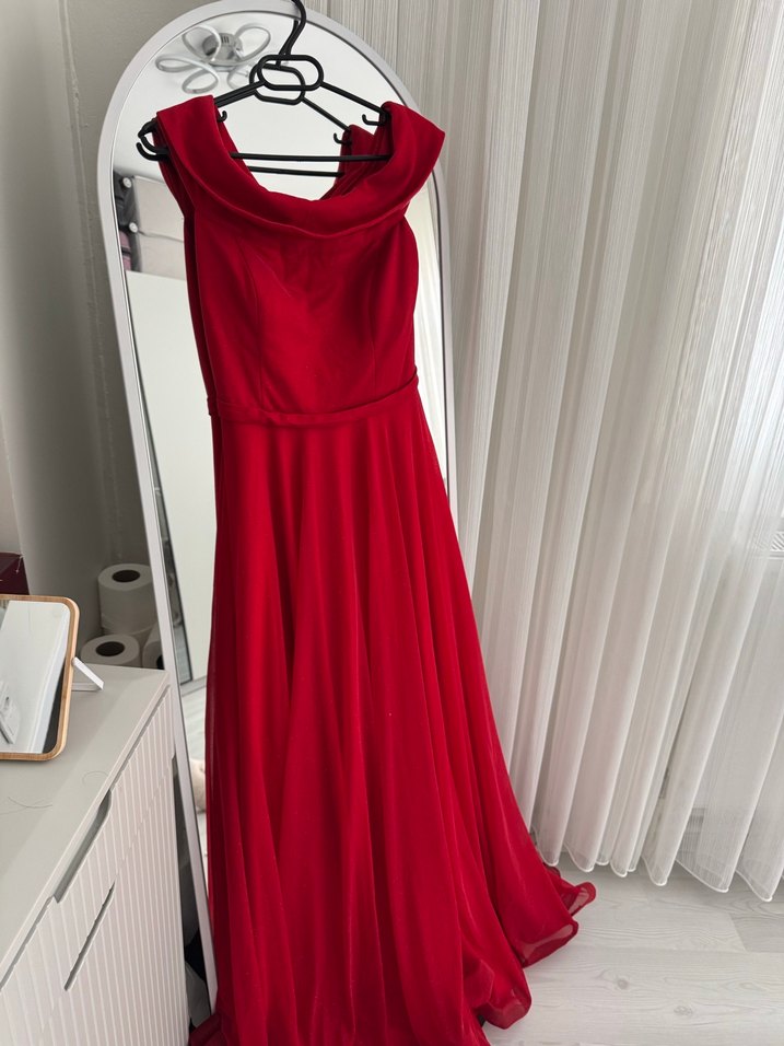 Kırmızı V Yaka Drapeli Midi Abiye Elbise - Görsel 3