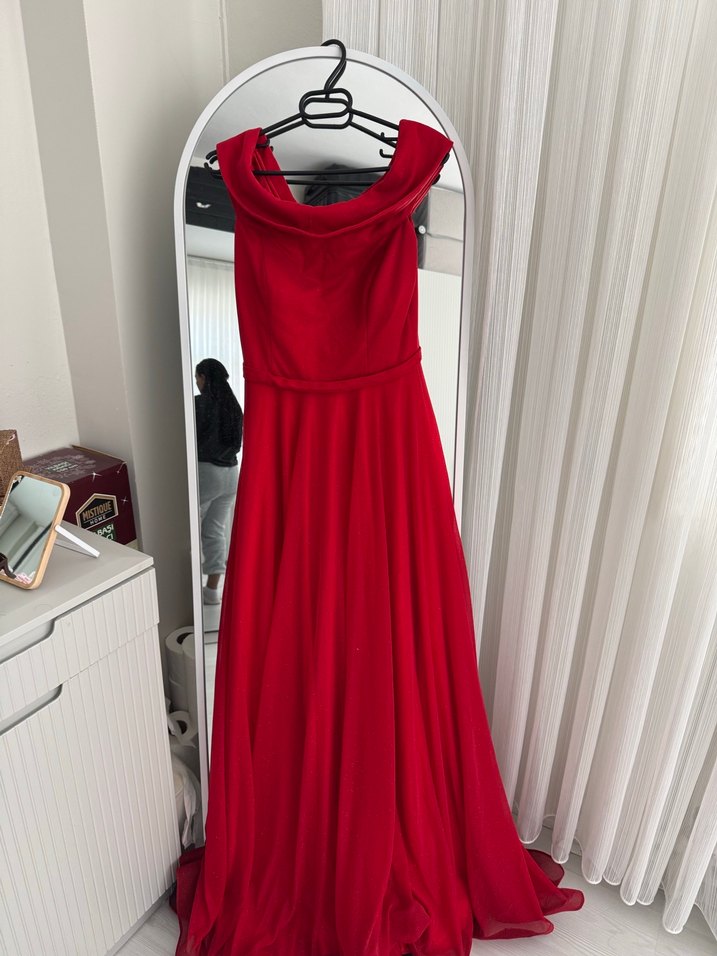 Kırmızı V Yaka Drapeli Midi Abiye Elbise - Görsel 2