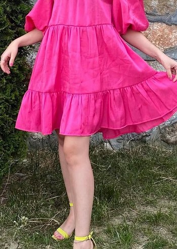 Pembe Fırfırlı Midi Bohem Elbise