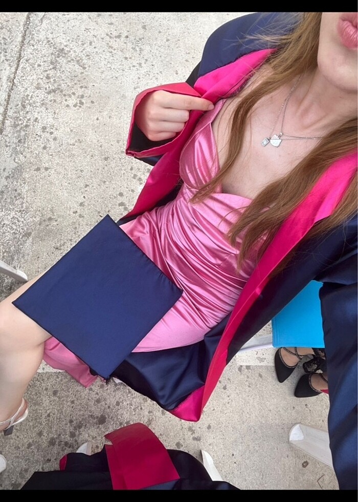 Pembe saten elbise - Görsel 3