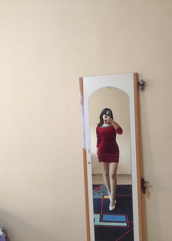 kırmızı+ bordo karışım kadife kumaş mini elbise
