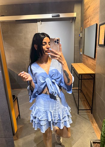 s Beden Mavi Bağcıklı Kısa Denim Elbise