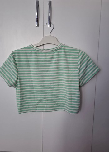 Koton Yeşil Çizgili Kısa Kollu Crop Top