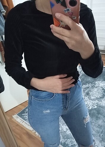 Siyah kadife kısa bluz 