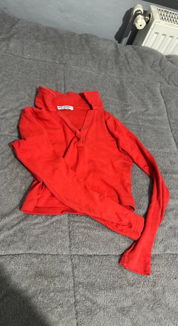 Kırmızı Uzun Kollu Dar Kesim Kadın Kazak - Görsel 2