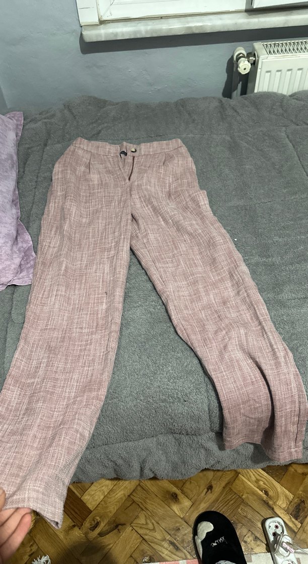 Düğmeli Bej Kadın Keten Pantolon - Görsel 4