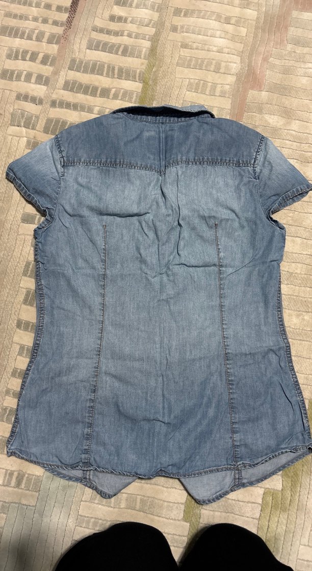 Kadın Mavi Kısa Kollu Denim Gömlek - Görsel 4