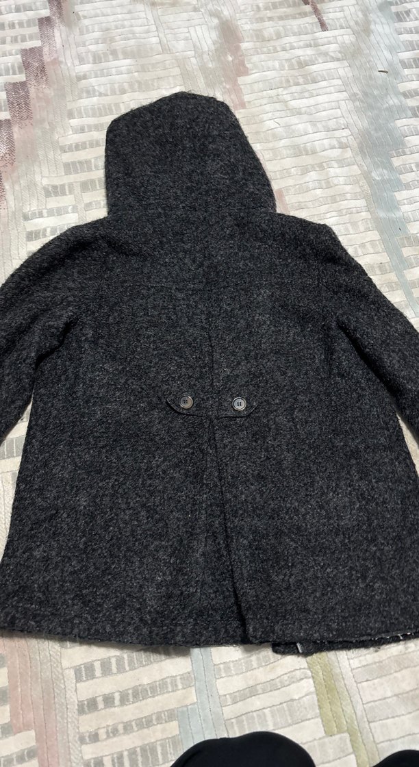 Gri Kadın Uzun Kollu Yün Ceket Kapüşonlu - Görsel 4