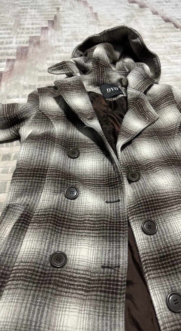 Düğmeli Gri Ekoseli Midi Kadın Kaban - Görsel 2