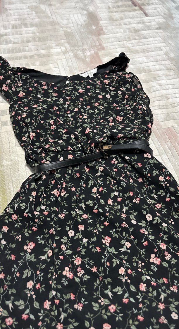 Çiçek Desenli Siyah Midi Elbise - Görsel 2