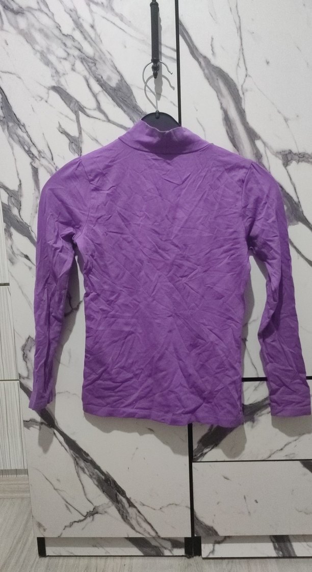 Kız Çocuk Mor Uzun Kollu Yarım Boğazlı Basic Tişört - Görsel 3