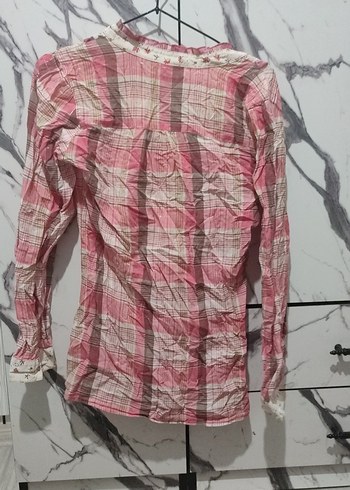 Düğmeli Uzun Kollu Pembe Bağlama Desenli Gömlek - Görsel 3