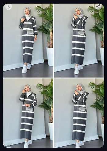 Gri Zebra Desenli Uzun Triko Elbise