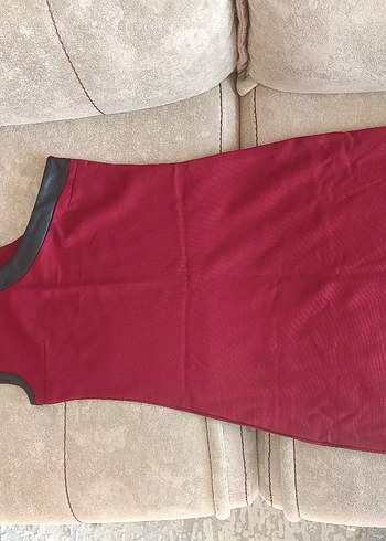 Bordo deri detaylı s beden Mini Elbise - Görsel 2