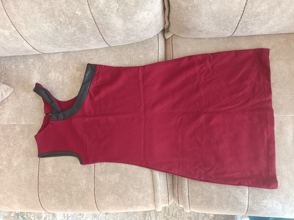 Bordo deri detaylı s beden Mini Elbise - Görsel 2