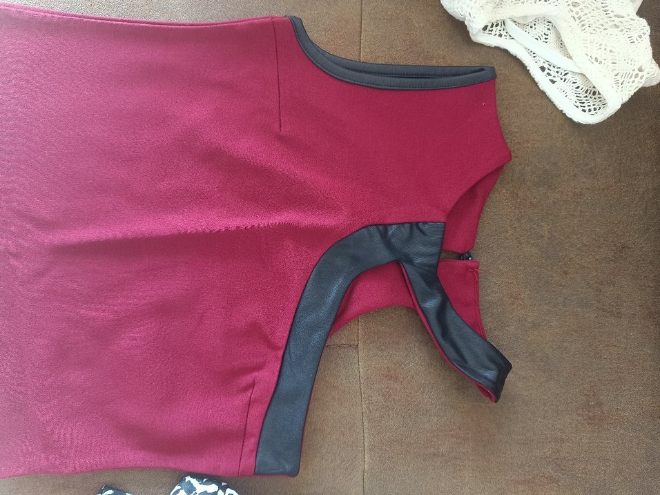 Bordo deri detaylı s beden Mini Elbise - Görsel 4